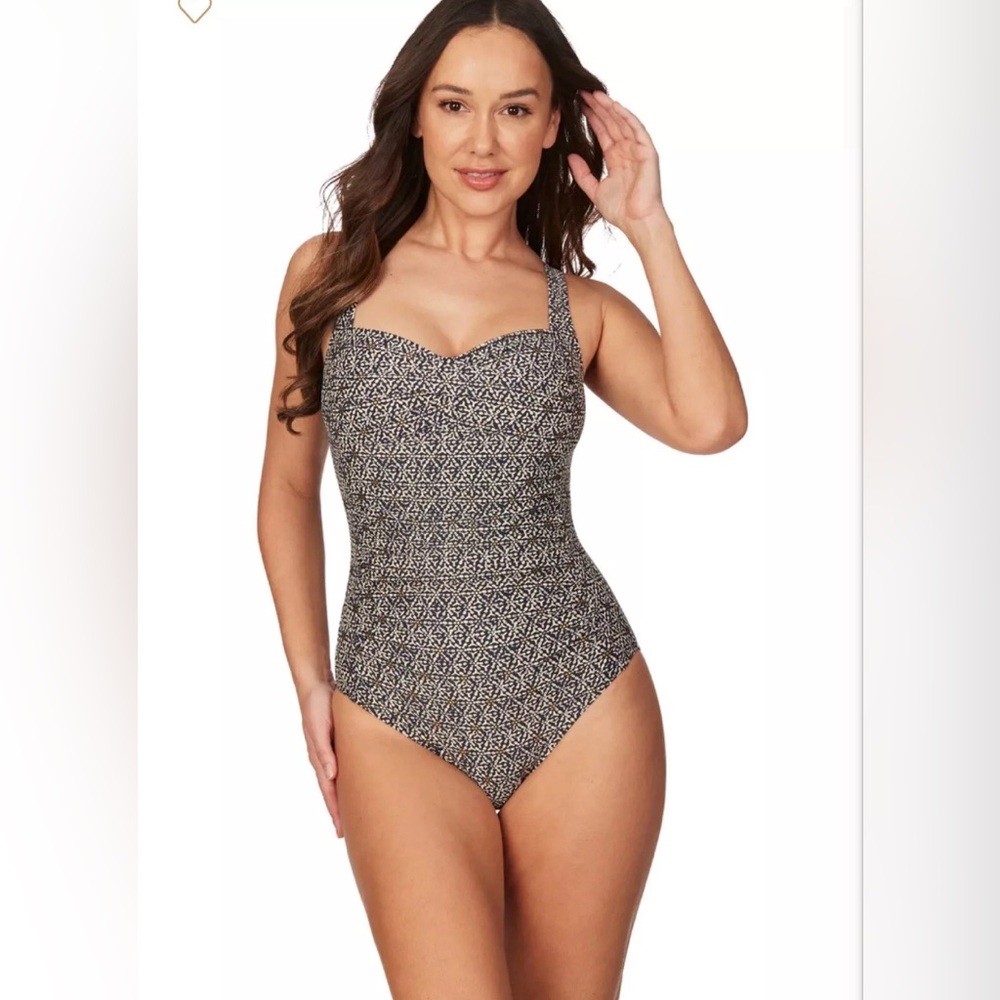 Nip Tuck Nautical Foil blue & Gold One-Piece Swimsuit Abstract Print Sz US 6 EUC